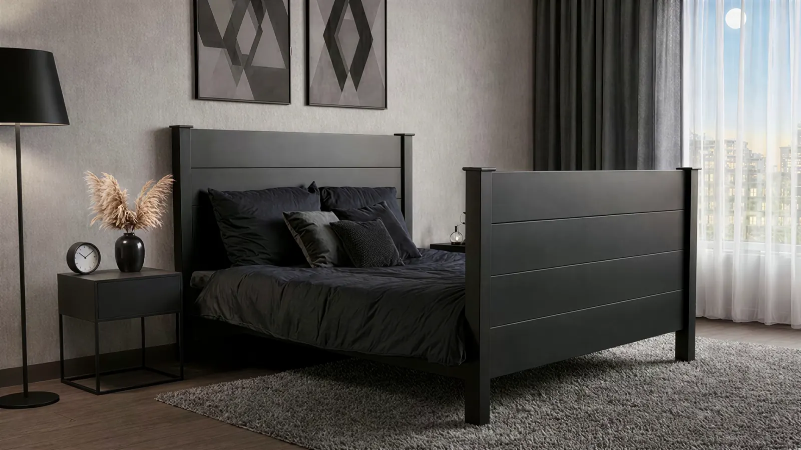 BOMINA BDSM-Designbett: Im Tageslicht ein hochwertiges Designerbett, am Abend werden die integrierten Ringe und Befestigungsösen sichtbar.