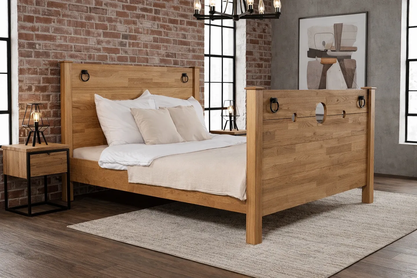 BOMINA Bett Modell Massive Premium Eiche mit schwarzen Ringen in einem Loft aus Backstein