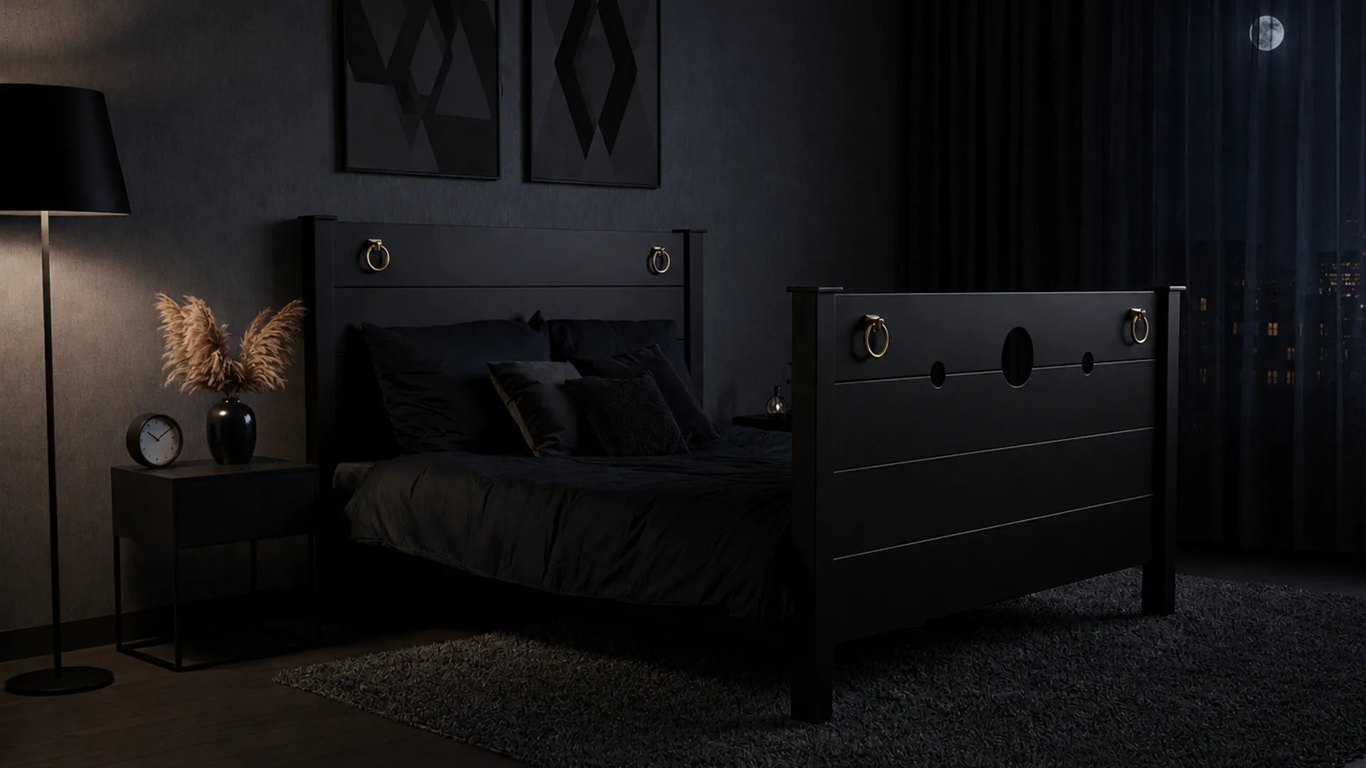 BOMINA Bett Modell Schwarz mit goldenen Ringen in stimmungsvollem Abendlicht