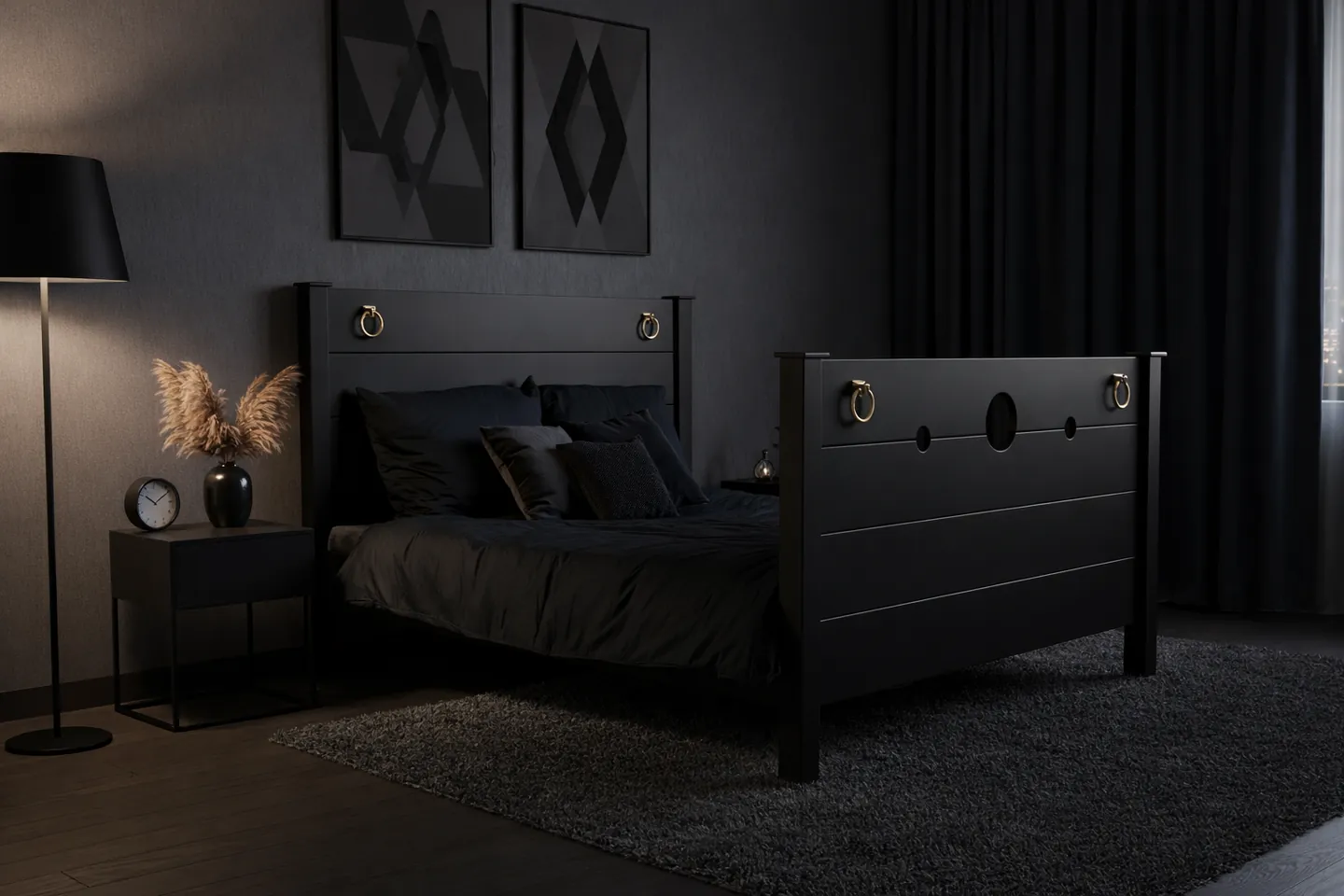 BOMINA Bett Modell Schwarz mit goldenen Ringen bei Nacht, zweite Ansicht