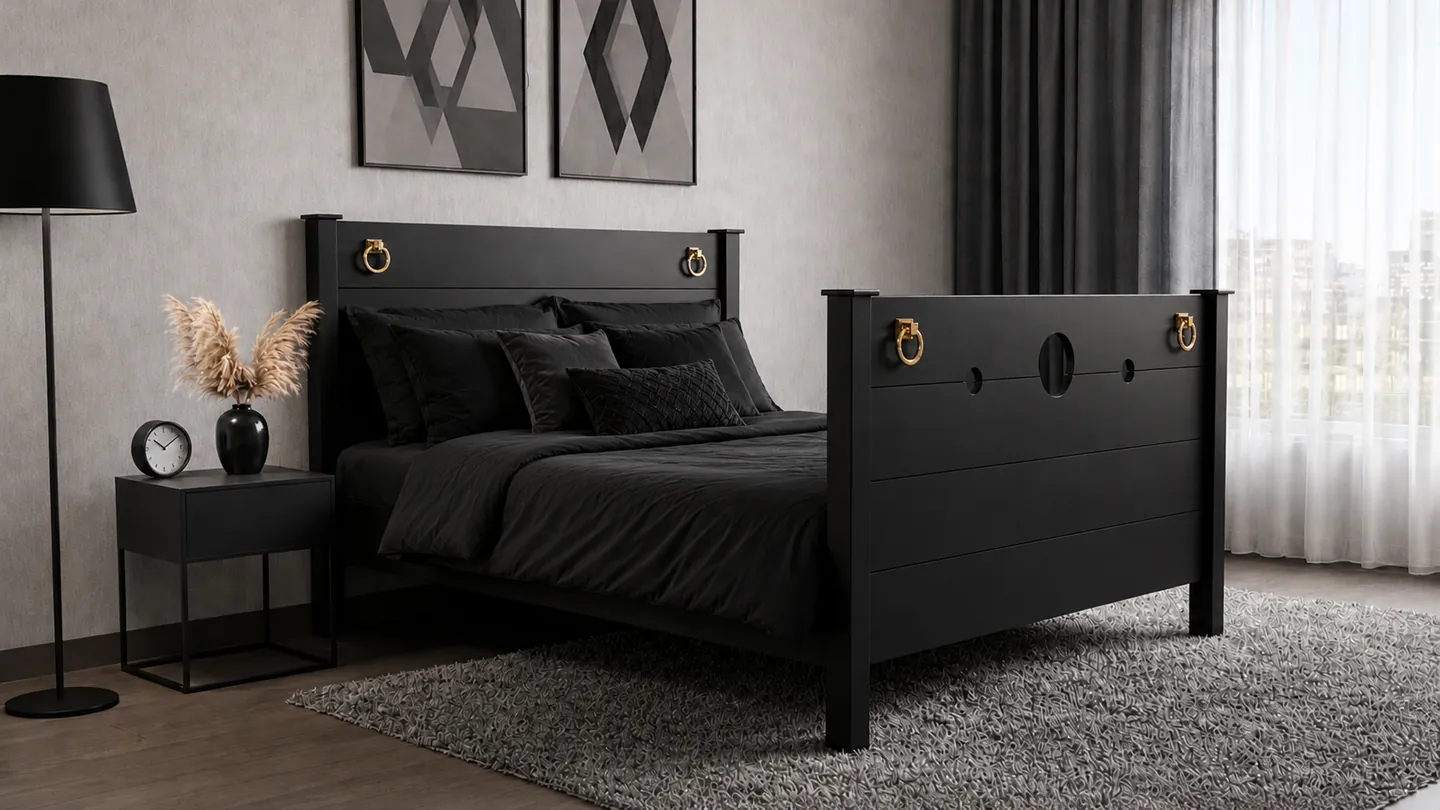 BOMINA Bett Modell Schwarz mit goldenen Ringen im Schlafzimmer
