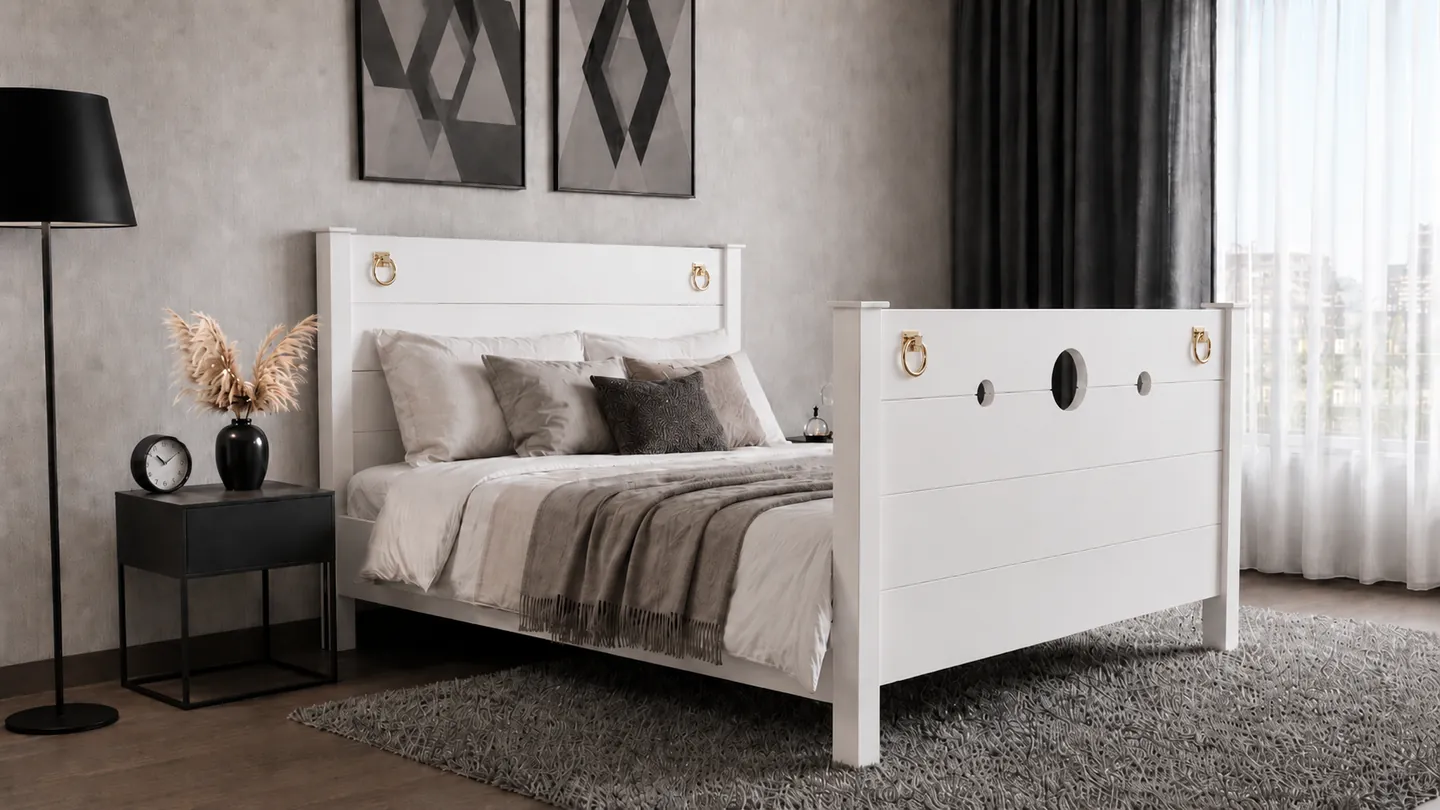 BOMINA Bett Modell Weiß mit goldenen Ringen im Schlafzimmer